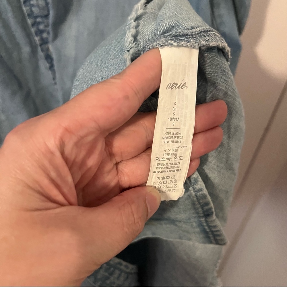 Aerie Distressed Denim Mini Dress Chambray Button Down Small - Picture 6 of 12